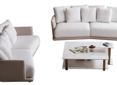 Luxuriöses Weißes Sofa-Set Designer 3-Sitzer Holz Couchtisch 3tlg