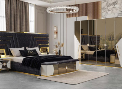 Weißes Schlafzimmer Set Polsterbett 2x Nachttische Glasschrank 5tlg