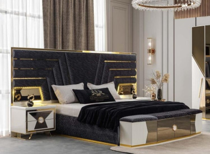 Schwarz-Weiße Bettgarnitur Doppelbett 2x Luxuriöse Nachttische 3tlg