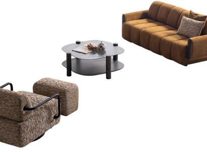 Modernes Wohnzimmer-Set Polstersofa Textilsessel Hocker Holztisch