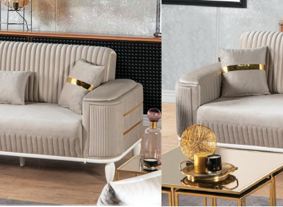 Stilvolle Beige Polstergarnitur Designer Dreisitzer Stoffsofas Couch