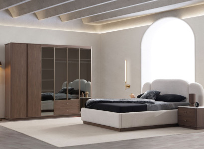 Edle Schlafzimmer Garnitur Weißes Bett Brauner Schrank Nachttische