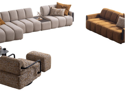 Braun-Beige Wohnzimmer Garnitur Moderne 3-Sitzer Designer Hocker