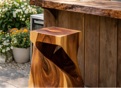 Robuster Brauner Barstuhl Designer Naturholz Exklusiver Einsitzer