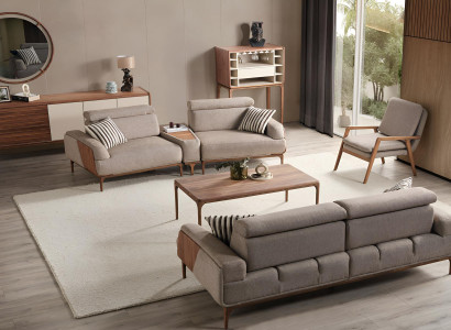 Elegantes Beiges Wohnzimmer-Set 3-Sitzer Textilsessel 2-Sitzer 3tlg