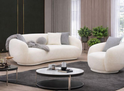 Weiße Wohnzimmer Polstergarnitur Designer 3-Sitzer Rundsessel 2tlg