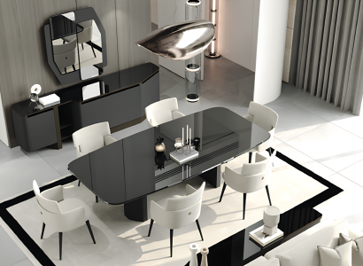 Dieses stilvolle Esszimmer-Set umfasst Esstisch 6 Stühle Konsole und Spiegel