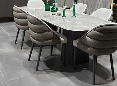 Moderner Tisch und sechs Stühle mit zweifarbiger Design-Polsterung