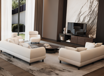 Das Set vereint weiße Sofas Sessel TV-Lowboard und Couchtisch in Braun