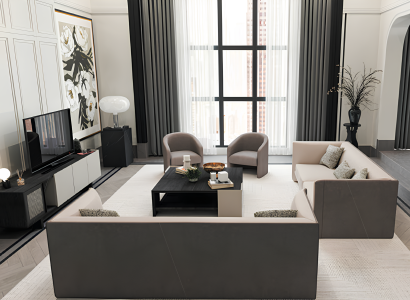 Modernes 6-teiliges Wohnzimmer-Set Sofas Sessel TV-Lowboard Couchtisch