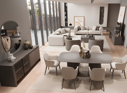 Komplettes Set Eleganter Esstisch 6 Stühle Konsole und ovaler Spiegel