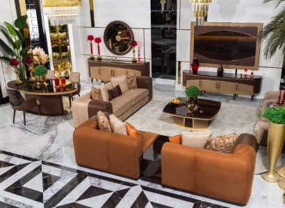 Braun-Beige Wohnzimmer Garnitur Designer Sofas Couchtisch TV-Board