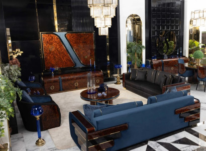 Braun-blaues Wohnzimmer-Set Sofas Sessel TV-Block Couchtisch 6 -tlg.