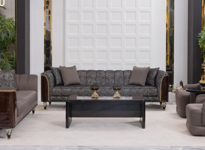 Elegantes graues Wohnzimmer-Set: 4-Sitzer Sofa Holz Couchtisch