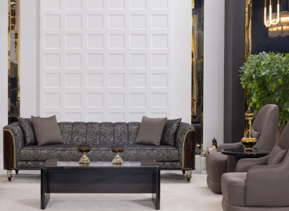 Designer Polstergarnitur Wohnzimmer Möbel Sofa Textilsessel Tische