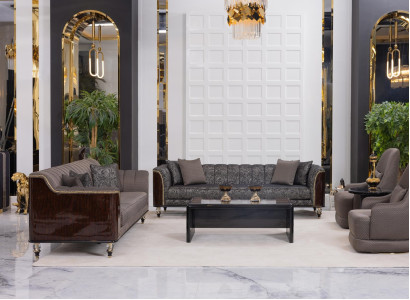 Schönes graues Wohnzimmer-Set Sofas Sessel Couchtisch Beistelltisch