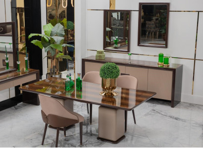 Esszimmer-Set Holz-Esstisch weiche Stühle Konsole Spiegel Möbelset