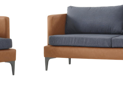 Hochwertige Braune Sofagarnitur Designer Ledersessel Stofkissen 3tlg