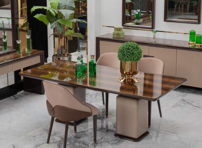 Moderne Küchengarnitur Designer Holz Esstisch 4x Textilstühle 5tlg