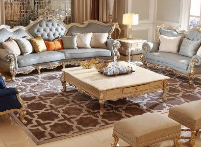 Klassische Blau-Beige Wohnzimmer Sitzgarnitur Chesterfield Sofas