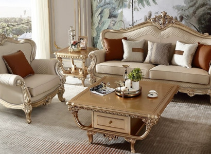 Luxuriöse Klassische Wohnzimmer Sitzgarnitur 3-Sitzer Holztisch
