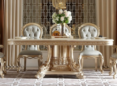 Klassische Chesterfield Esszimmergarnitur Massivholz Tisch 4x Stühle