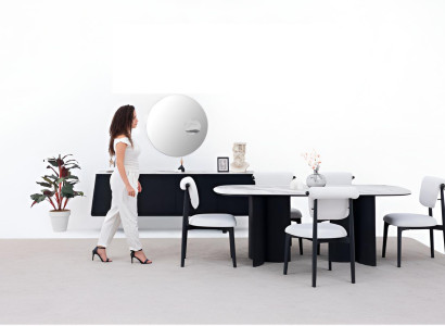 Schwarz-weißes Esszimmer-Set moderner Esstisch Stühle Holzsideboard