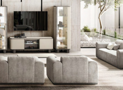 Designer Couchgarnitur Moderner 3-Sitzer Holz TV-Ständer 2x Vitrinen