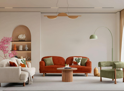 Modernes Sofa-Set Designer Oranger 3-Sitzer Grüner Lehnsessel 2tlg