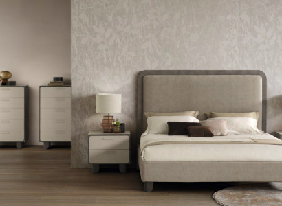 Grau-Beige Loft Schlafzimmer Garnitur Textilbett 2x Holzkommoden