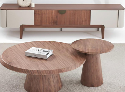 Modernes Wohnzimmer-Set brauner Sideboard runder Couchtisch Beistelltisch