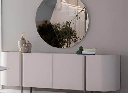 Stilvolles Weißes Esszimmer-Set – Holzschrank, Runder Spiegel & Wohnmöbel