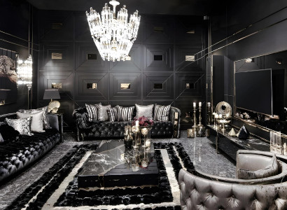 Schwarze Chesterfield Wohnzimmer Garnitur Designer 4-Sitzer Tisch