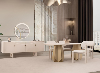 Luxuriöses Esszimmer-Set – Esstisch, Stühle, Holzsideboard & Spiegel