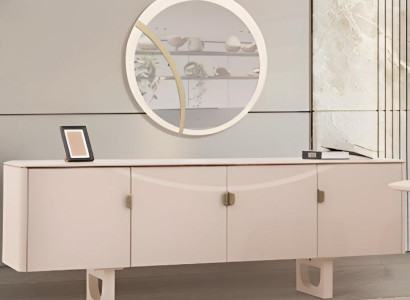 Modernes Beiges Esszimmer-Set – Holzsideboard, Rundspiegel & Esszimmermöbel