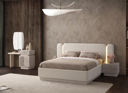 Moderne Beige Schlafzimmergarnitur LED-Bett Holz Nachttische Spiegel
