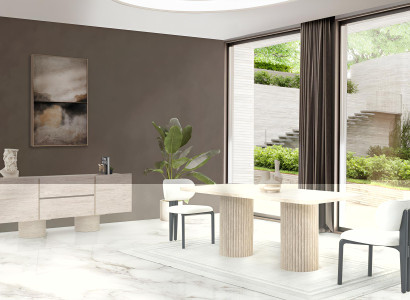 Beiges Modernes Esszimmer-Set – Esstisch, Weiche Stühle und Holzsideboard