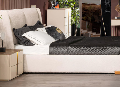 Modernes Weiß-Beiges Schlafzimmer Set Doppelbett Holz Nachttische