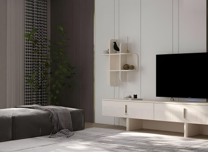 Eleganter beigefarbener TV-Ständer mit modernen Griffen und minimalistischem