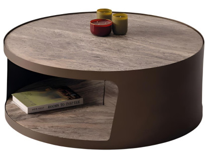 Eleganter Couchtisch mit runder Marmoroberfläche und offener Ablage