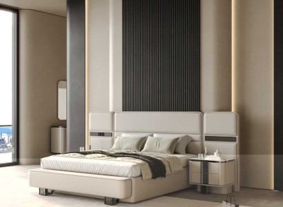 Designer Beige Schlafzimmergarnitur Polsterbett 2x Holz Nachttische