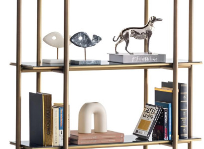 Elegantes Bücherregal mit goldfarbenem Metallrahmen und Glasböden