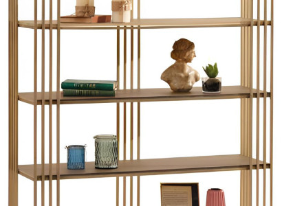 Elegantes Bücherregal mit goldfarbenem Metallrahmen und Glasboden