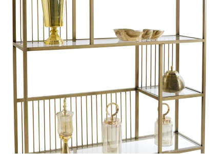 Modernes Bücherregal mit goldfarbenem Metallrahmen und Glasböden