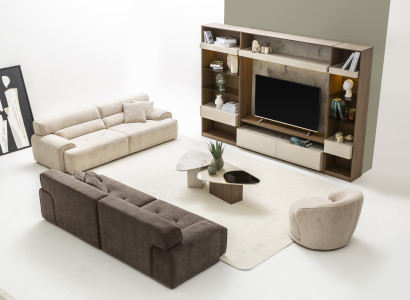 Wohnzimmer-Set: 2x 4-Sitzer, Sessel, Couchtisch, Beistelltisch & TV-Schrank