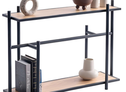 Moderner Konsolentisch mit Metallrahmen und Holzregalen in Schwarz