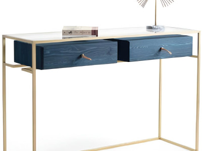 Konsolentisch mit goldfarbenem Metallrahmen und Holzschubladen