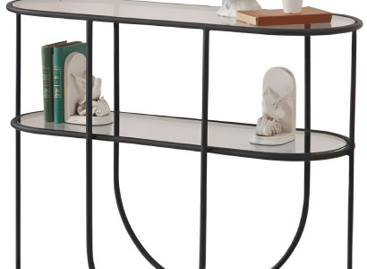 Moderner Konsolentisch mit schwarzem Metallrahmen und Glasregalen