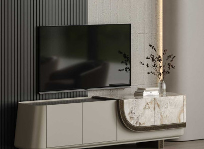 Beiger TV-Lowboard Designer Anrichte Fernsehmöbel Edle Holzkommode