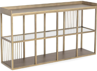 Konsolentisch mit goldfarbenem Metallrahmen und Glasregalen